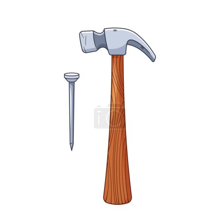 Illustration for Hammer And Nail Tools Are Essential For Carpentry And Construction. The Hammer Drives Nails Into Wood Or Other Materials, Securing Pieces Together Firmly And Efficiently. Cartoon Vector Illustration - Royalty Free Image