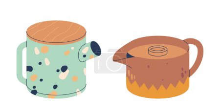 Ceramic Teapots or Kettles, Vessels Crafted From Clay, Kiln-fired For Durability, Designed For Steeping And Serving Tea, Featuring A Spout, Handle, And Lid. Cartoon Vector Illustration