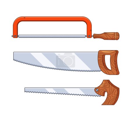 Illustration for Saw Carpentry Tools For Cutting Wood or Metal, Featuring Sharp Teeth Along A Metallic Blade, Used In Push-pull Motions For Precise Cuts In Woodworking Projects. Cartoon Vector Illustration - Royalty Free Image
