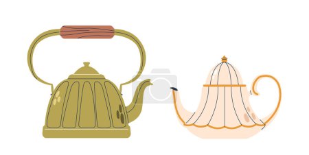 Illustration for Retro Teapots or Kettles in Nostalgic Style Designs, Feature Vibrant Colors, Sleek Lines, And A Playful, Vintage Charm In Kitchenware Or Decor Isolated on White Background. Cartoon Vector Illustration - Royalty Free Image