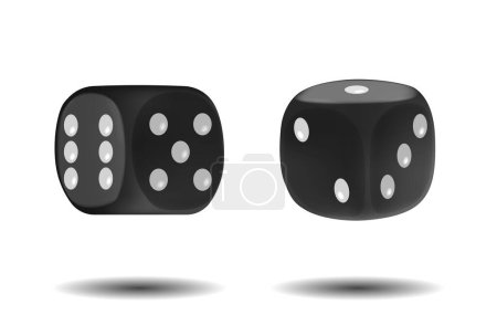 Illustration for Realistic Black Playing Dice Crafted From Sturdy Acrylic Or Resin, Featuring Engraved White Dots, Used In Various Board And Tabletop Games. Floating Cubes with Pips. 3d Vector Illustration - Royalty Free Image