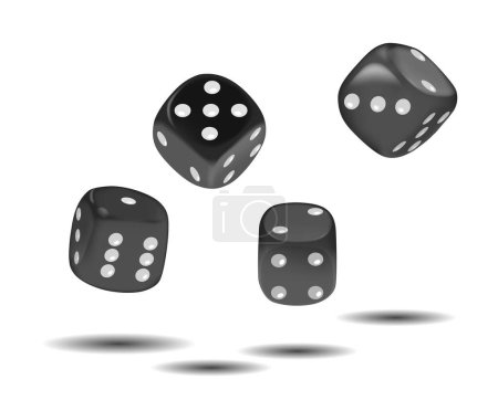 Illustration for Realistic Black Playing Dice, Flying Cubes Made Of Sturdy Materials Like Acrylic Or Resin, Featuring White Contrasting Pips For Clear Visibility, Used In Various Tabletop Games. 3d Vector Illustration - Royalty Free Image