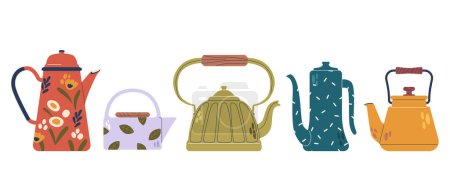 Ilustración de Colección de teteras, recipientes diseñados para empapar y servir té, típicamente hechos de cerámica, porcelana, vidrio o metal, con un pico, manija y tapa. Ilustración de vectores de dibujos animados - Imagen libre de derechos