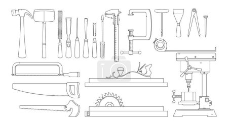 Illustration for Carpenter Tools Isolated Vector Outline Icons Set. Hammers, Nails, Saw, Chisel, Measuring Tape, Spatula, Screwdriver And Clamp With Caliper Tool. Drilling Machine, Circular saw, Handyman Diy Kit - Royalty Free Image