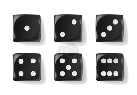 Illustration for Realistic Black Dice With White, Engraved Dots, Crafted From Durable Materials For Precision Rolls. Ideal For Tabletop Games, Gamble Gaming Sessions, Number Generations. 3d Vector Illustration - Royalty Free Image