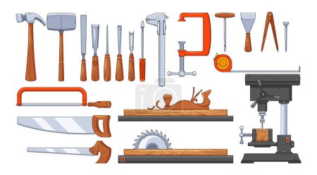 Illustration for Carpenter Tools Isolated Vector Set. Hammers For Driving Nails, Saws For Cutting Wood, Chisels For Shaping, Levels For Ensuring Straightness, Drill, Jointer And Tape Measures For Accurate Measurements - Royalty Free Image