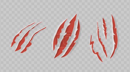 Illustration for Red Claw Marks. Slender, Animal Scratches or Gashes on a Material, Resulting from the Acute Claws or Talons of Beasts. Realistic 3D Vector Profound Rips from Tiger, Bear, Monster, Lion or Predator - Royalty Free Image