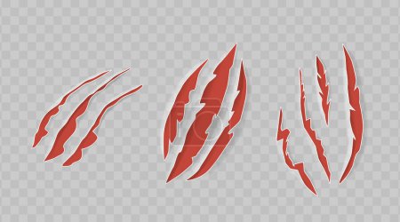 Illustration for Realistic 3D Vector Set Featuring Fierce Red Claw Scratch Marks, Conveying Intensity And Motion. Slim, Extended Scars or Rips on a Surface, Inflicted by the Keen Claws or Aggressive Creature Talons - Royalty Free Image