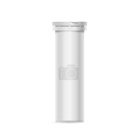 Illustration for Sleek, Cylindrical Plastic Tube Bottle Mockup Designed For Effervescent Tablets. Isolated 3d Vector Flask Featuring A Secure Flip-top Cap To Maintain Tablet Freshness And A Label Area For Branding - Royalty Free Image