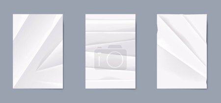 Ilustración de Hojas de papel plegadas y arrugadas, realistas 3d vector blanco, burlas en blanco con una textura arrugada y pliegues. Páginas plegadas de bloc de notas rectangulares aisladas, hojas verticales en blanco, cartas o documentos - Imagen libre de derechos