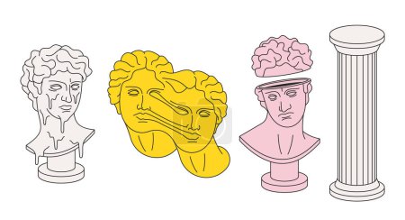 Illustration for Vector Greek Statues and Column Psychedelic Art Objects, Inspired By Hallucinogenic Experiences. Antique Vintage Classic Sculptures Employs Vibrant Colors And Surreal Imagery. Vector Illustration - Royalty Free Image