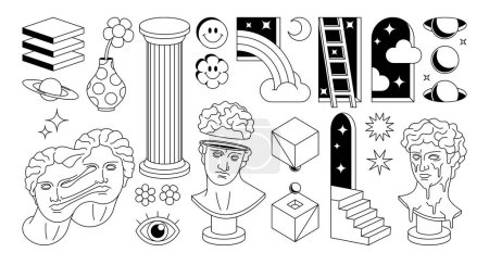 Illustration for Psychedelic Funny Elements Monochrome Outline Vector Icons Set. Greek Ancient Statues, Emoji, Geometric Figures, Arches, Planets, Stairs, Surreal Elements In Trendy Weird Style. Surreal Objects - Royalty Free Image