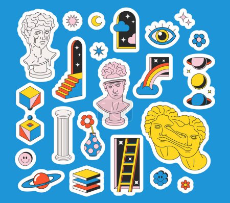 Illustration for Psychedelic Sticker Pack Of Funny Greek Ancient Statues, Emojis, Geometric Figures And Surreal Elements. Set Of Comic Elements In Trendy Psychedelic Weird Cartoon Style. Vector Illustration, Patches - Royalty Free Image