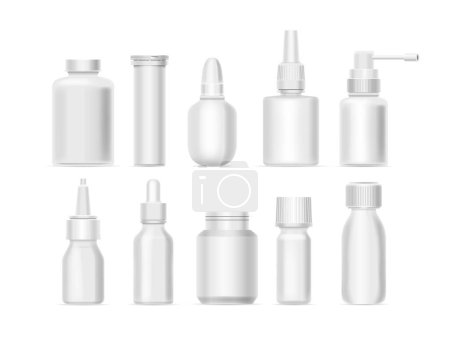 Illustration for Drug Bottles Mockup. Isolated 3d Vector Set of Pharmaceutical Packaging Realistic Designs For Presentations And Marketing. White Blank Flasks for Health Care Production, Painkillers, Vitamins, Tablets - Royalty Free Image