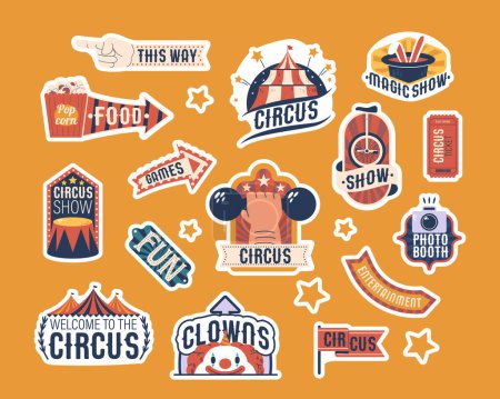 Zirkus-Etiketten oder Aufkleber-Set mit lebendigen, auffälligen Retro-Designs mit klassischen Motiven wie Zelten, Clowns, Kaninchen im Hut, Strongman Arm mit Hantel, Einrad und Popcorn-Eimer