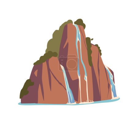 Illustration for Waterfall And Water Cascade. Isolated Cartoon Vector Hill With Falling Flow, 2d Design Element Of Natural Environment Or Park Decoration. Splashing Aqua Stream Falling From Rock With Green Vegetation - Royalty Free Image