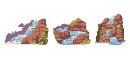 Illustration for Cartoon Mountain Waterfalls And Water Cascades. Vector Splashing Stream Jets Falling From High Rocks With Green Plants. Isolated Natural 2d Design Elements, Fresh Flows Of Water Fall Down From Hill - Royalty Free Image