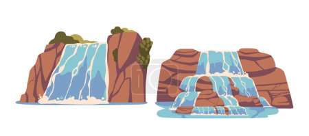 Cartoon Waterfall And Water Cascade With Green Foliage And Rocks. Isolated Vector Fresh Aqua Streams Falling Down With Splashes. Rocky Hills With Falling Flows, Natural Environment Or Park Decoration