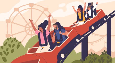 Thrilling Screams Echo As Characters On Roller Coasters Experience Exhilarating Loops And Drops. Faces Oscillate Between Fear And Joy, Creating Adrenaline-fueled Emotions. Cartoon Vector Illustration