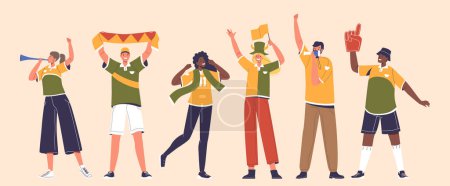 Illustration for Young Football Supporters and Fans Cheering with Flags, Banners and Pipes Watching Soccer Match at Stadium. Friends Having Excited Fun on Sport World Championship. Cartoon People Vector Illustration - Royalty Free Image