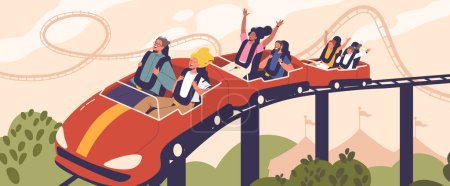 Illustration for Thrilled Riders, Arms Raised, Scream With Excitement And Fear As They Plummet And Twist On The Roller Coaster Vertiginous Track, Faces Contorted In Exhilarating Joy. Cartoon People Vector Illustration - Royalty Free Image