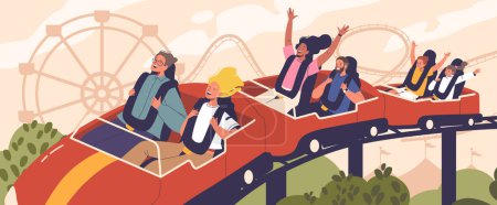 Illustration for Characters On Roller Coaster Rides Exhibit Mix Of Exhilaration And Terror, With Wide Eyes, Raised Arms And Open Mouths, They Experience Steep Drops And Fast Turns. Cartoon People Vector Illustration - Royalty Free Image