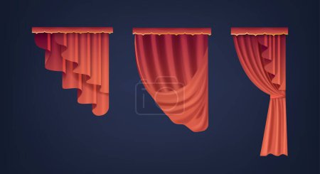 Ilustración de Cortinas de teatro rojo, aterciopeladas y lujosas cortinas o telas, sirven como una puerta de entrada dramática entre el público y los artistas, telas de seda teatral. Ilustración realista del vector 3d - Imagen libre de derechos