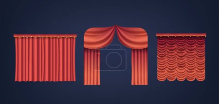 Téléchargez les illustrations : Vecteur 3D réaliste Velours rouge rideaux de théâtre, riche et lourd, encadrer la scène avec une allure dramatique. Leur texture luxuriante et leur teinte vibrante créent un prélude captivant à la performance en cours - en licence libre de droit