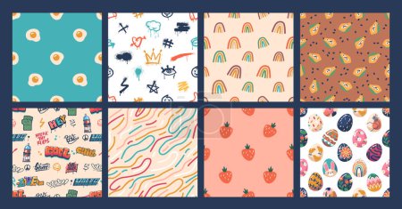 Illustration for Set of Seamless Patterns. Tile Backgrounds With Abstract Curve Colorful Lines, Fried Eggs, Papaya, Wall Painting or Graffiti, Strawberries and Cute Easter Rabbits. Cartoon Vector Illustration, Tile - Royalty Free Image