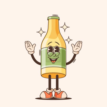 Ilustración de Personaje de la botella de dibujos animados Groovy. Vector aislado vibrante, personaje de frasco de vidrio animado parpadeando gestos de brazos levantados. Su sonrisa extraña emana un ambiente fresco y relajado. Botella de cerveza, soda o limonada - Imagen libre de derechos