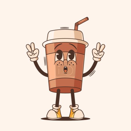 Cartoon Retro Coffee Drink Groovy Charakter zeigt Friedensgesten. Isolierte Vector Einweg-Kaffeetasse Persönlichkeit mit fröhlichem Gesicht, verströmt psychedelische Funky Vibes machen den Morgen lebendig und lustig