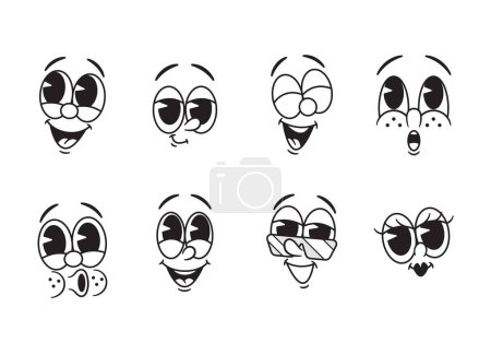 Illustration for Happy Smile Retro Emoji Set. Vector Black and White Collection Of Vintage-style Laughing and Smiling Emoticons, Cute Cheerful Faces, Reminiscent Of Early Internet Graphics, Evoking Nostalgia And Joy - Royalty Free Image