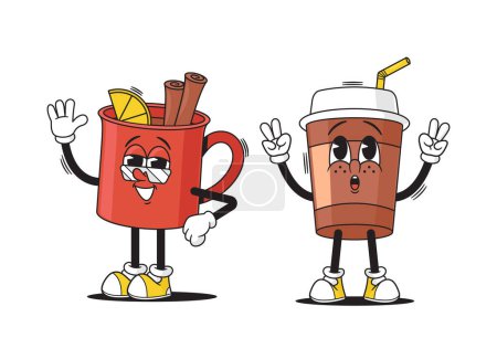 Cartoon Groovy Kaffee- und Teetassen Skurrile Retro-Hippie-Charaktere, die Spaß und Geschmack ins Getränkeerlebnis bringen. Vector Einweg- und Porzellanbecher mit ausdrucksstarken Augen und fröhlichen Emotionen