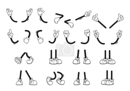 Illustration for Vector Set of Retro Cartoon Legs in Footwear and gloved Arms Animation Gestures. Feet And Hands Poses. Comic Funny Characters Body Parts Collection. Abstract Simple Monochrome Funny Person Gestures - Royalty Free Image