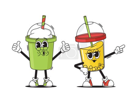 Illustration for Cartoon Cup Characters Boasting Funky Faces, Swirling In A Disco Dance. Jazzy Juice And Chill Latte Or Smoothies Mugs With Dome Lids And Straws, Exuding A Cool, Laid-back Vibe. Vector Illustration - Royalty Free Image