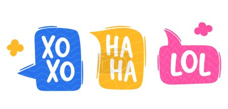 Vector Dialog Speech Bubbles with Xo Xo, Ha Ha and Lol Text. Graphical Elements Used In Comics, Cartoons, Or Graphic Novels To Visually Represent Spoken Words Or Thoughts Within A Story Narrative