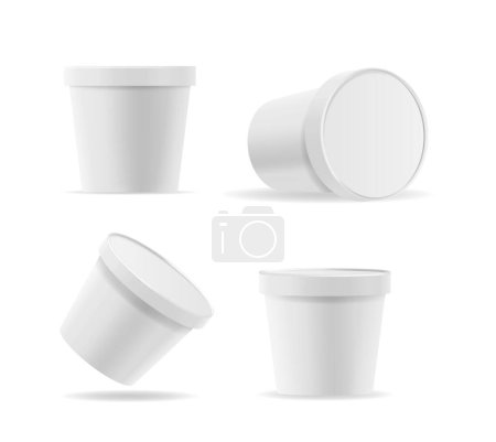 Illustration for Realistic Templates of Round White Plastic Containers for Food, Mayonnaise or Ice Cream. Isolated 3d Vector Bucket Mockups In Various Angles for Branding, Advertising or Packaging Design Presentations - Royalty Free Image
