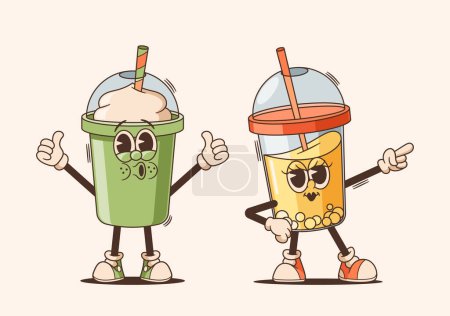 Illustration for Vibrant, Animated Cartoon Cups Characters With Groovy Faces. Jazzy Juice and Cool, Laid-back Latte or Smoothies in Plastic Mugs with Dome Lids and Straws, Disco Dance And Swirl. Vector Illustration - Royalty Free Image
