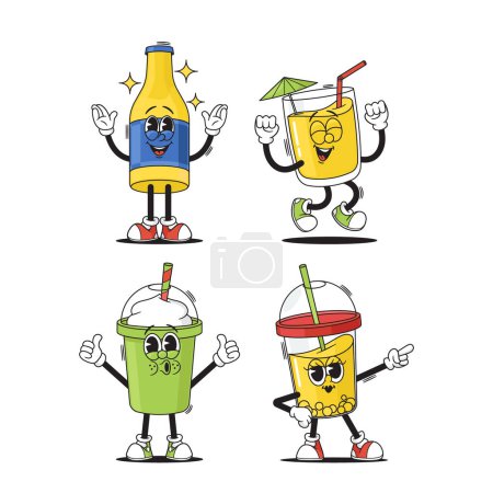 Kaffee, Tee, Limonade oder Cocktail Cartoon Groovy Cups und Flaschencharaktere. Einzigartige, lebendige, verspielte Vektorpersönlichkeiten verkörpern lustige Emotionen und fördern durch ihre farbenfrohe Erscheinung die Flüssigkeitszufuhr