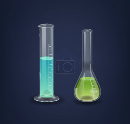 Illustration for Graduated Cylinder and Kjeldahl Laboratory Flasks with Colorful Reagents. Essential Glassware For Chemical Experiments, Used For Mixing, Heating, Or Storing Liquids. Cartoon Vector Illustration - Royalty Free Image