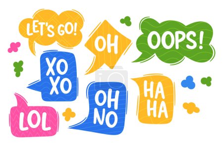 Vector Dialog Speech Bubbles. Graphical Elements Used In Comics, Cartoons, Or Digital Communication To Enclose And Display Spoken Words Or Thoughts. Lets Go, Xo Xo, Oh No, Ha Ha, Oops, Oh and Lol