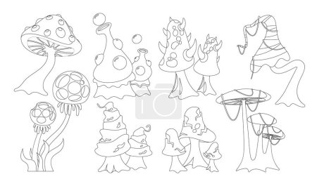 Magic Mushrooms Outline Monochrome Vector Icons Set. Fantasy Fairy Toadstools, Hallucinogenic Fungi, Isolated Unusual Alien Plants With Curve Stipes And Odd Caps. Natural Poisonous Fairytale Plants