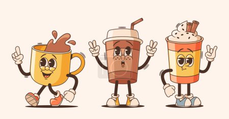 Cartoon Groovy Cups Of Drinks Lively Anthropomorphe Persönlichkeiten. Chill Tea, Jazzy Coffee And Funky Latte Beverage Tassen, einzigartige Retro-Persönlichkeiten im nostalgischen 60er- oder 70er-Jahre-Stil. Vektorillustration