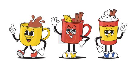 Animierte, groovige Trinkbecher mit lebhaften anthropomorphen Merkmalen. Tee-, Kaffee- und Lattenbecher mit einzigartigen Retro-Hippie-Charakteren, die die nostalgischen Vibes der 60er oder 70er Jahre verkörpern. Vektorillustration