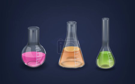 Illustration for Boiling Florence Flask, Conical Fernbach and Volumetric Laboratory Glassware Vessels Used For Mixing, Heating, Or Storing Chemicals In Scientific Experiments And Analyses. Cartoon Vector Illustration - Royalty Free Image