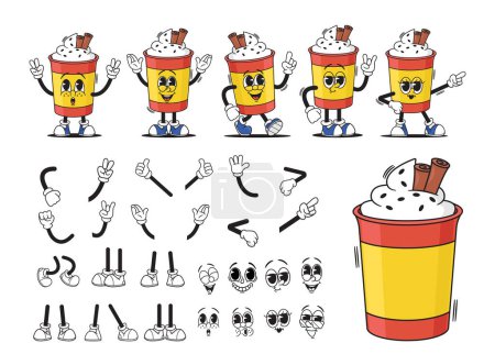 Téléchargez les illustrations : Dessin animé Groovy Cup Of Frothy Drink Character Creation Kit. Collection vectorielle de tasses jetables vibrantes avec animation en mousse, émotions faciales, gestes de main et poses de jambes. Tasse Hippie Rétro Personnage - en licence libre de droit