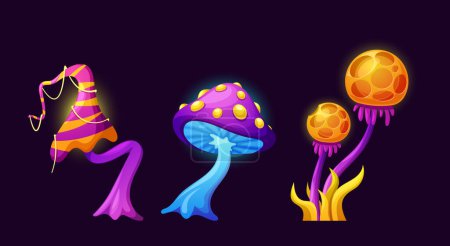 Fantasy Fairy Magic Mushrooms, Cartoon Vector Pilze Pflanzen. Natürliche Märchen Fliegenpilz Game Assets, Halluzinogene Giftpilz-Set. Isolierte außerirdische ungewöhnliche Pflanzen mit bizarren Stichen und seltsamen Kappen
