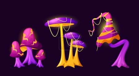 Vector Märchenhafte Zauberpilze. Außerirdische Pilzpflanzen besitzen leuchtende Farben und erfüllen denjenigen, die sie finden, Wünsche. Ihr ätherisches Leuchten führt Abenteurer durch verzauberte Wälder in mystische Welten
