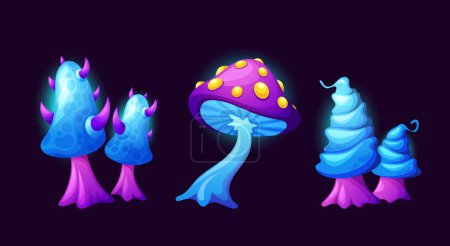 Fairy Fantasy Cartoon Pilze, Vector Magic Pilze, Schöne seltsame fremde Planeten Pflanzen von ungewöhnlichen Formen mit bizarren Sticks und glühenden Kappen. Natürliche Elemente für Märchen- oder Spieloberfläche