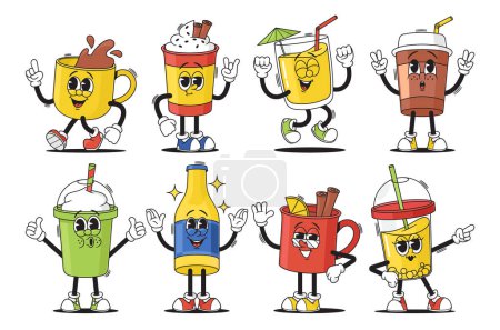 Illustration for Vibrant Cartoon Groovy Cups and Bottle. Collection Of Animated, Smiling Drink Characters, Each Exuding Its Unique Personality, From The Cool Soda or Beer To The Frothy, Giggling Coffee Mug, Vector Set - Royalty Free Image